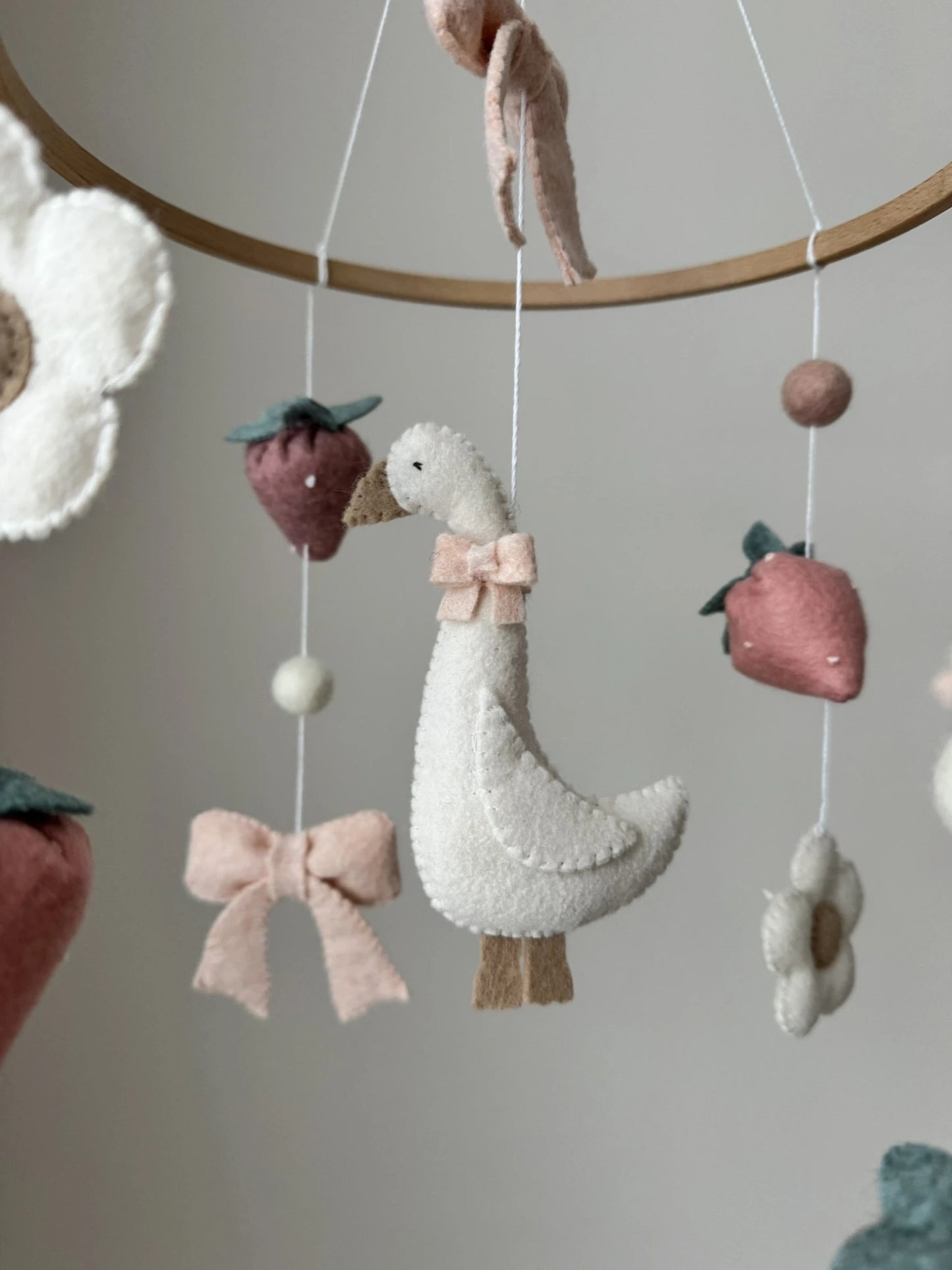 Goose Baby Mobile with Bow and Strawberries – Farmhouse Felt Nursery Decor