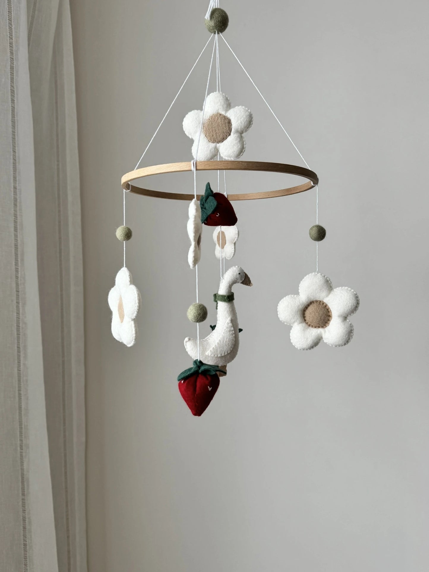 Goose Baby Mobile flower and strawberries – Farmhouse Felt Nursery Decor