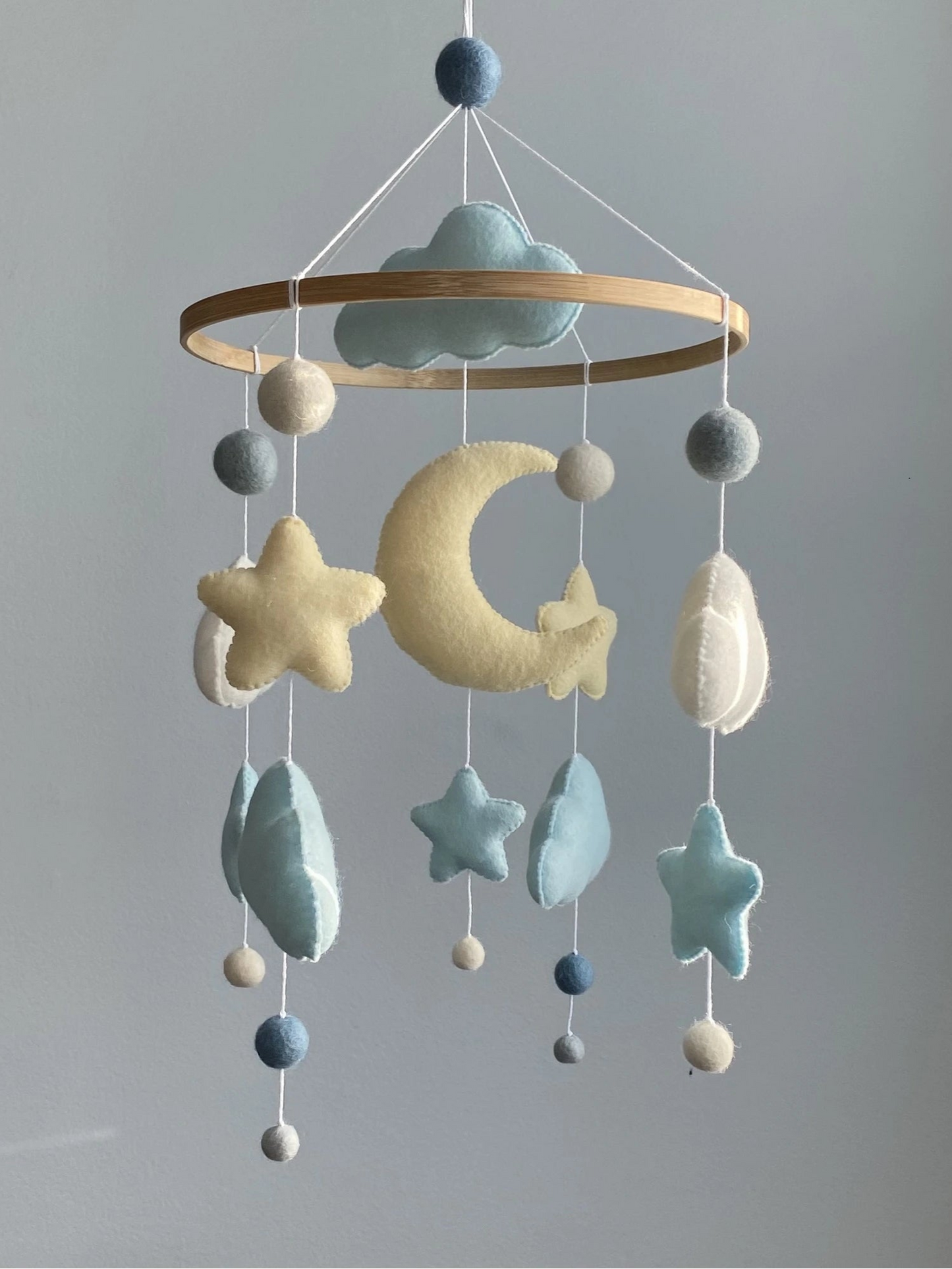 Handmade cloud and moon baby mobile in white and grey felt, neutral nursery décor