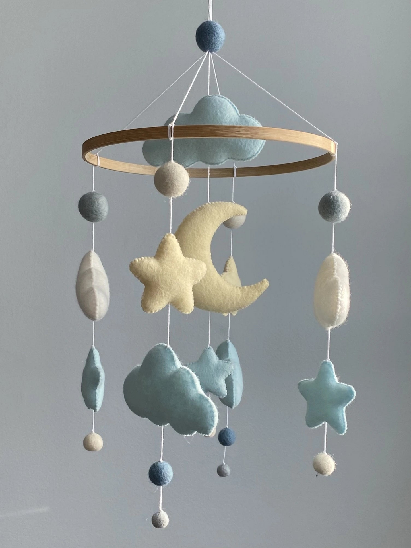 Wool felt cloud crib mobile with stars, calming baby shower gift