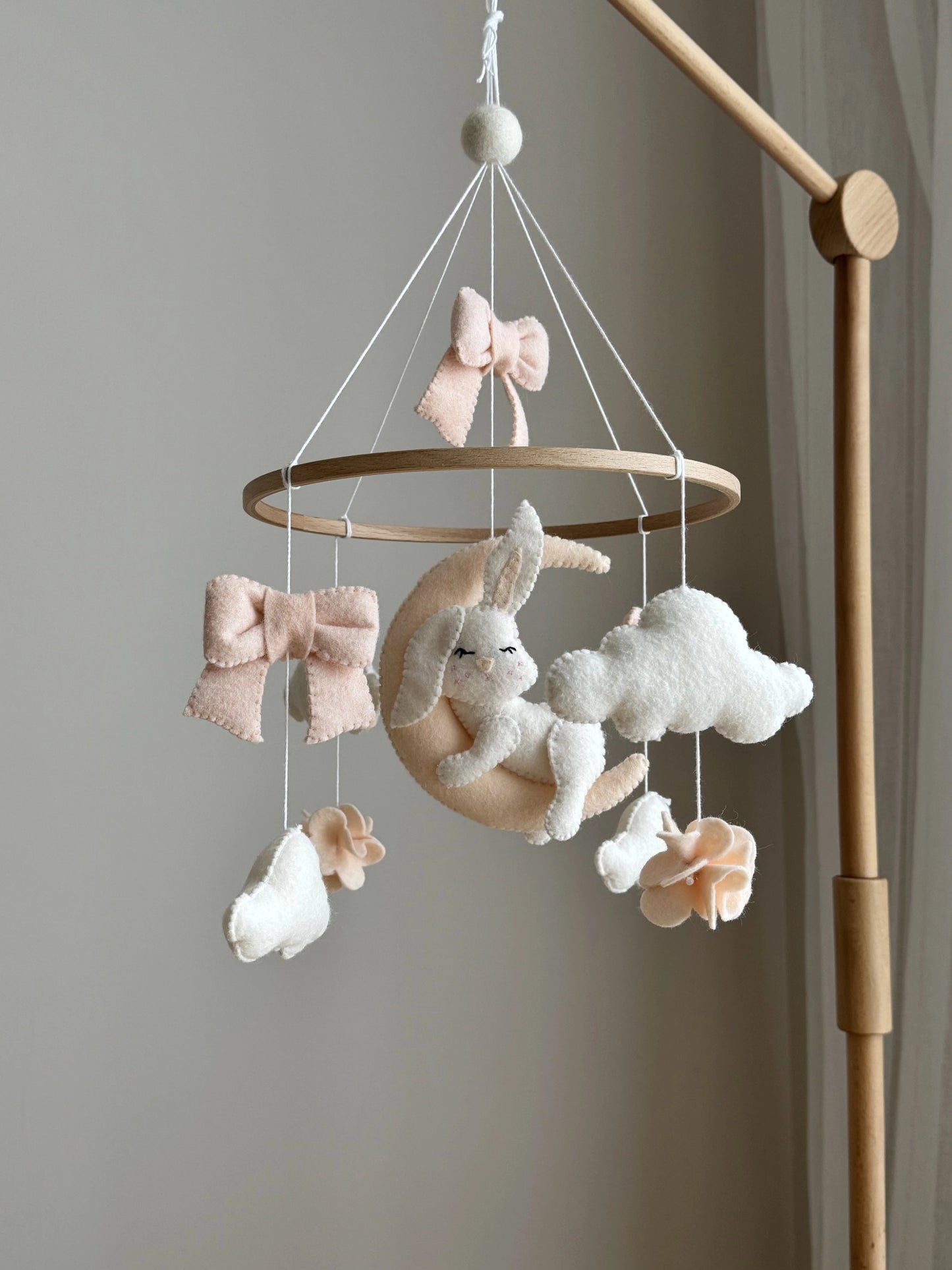 Boho baby girl nursery mobile with felt bunny and wooden ring