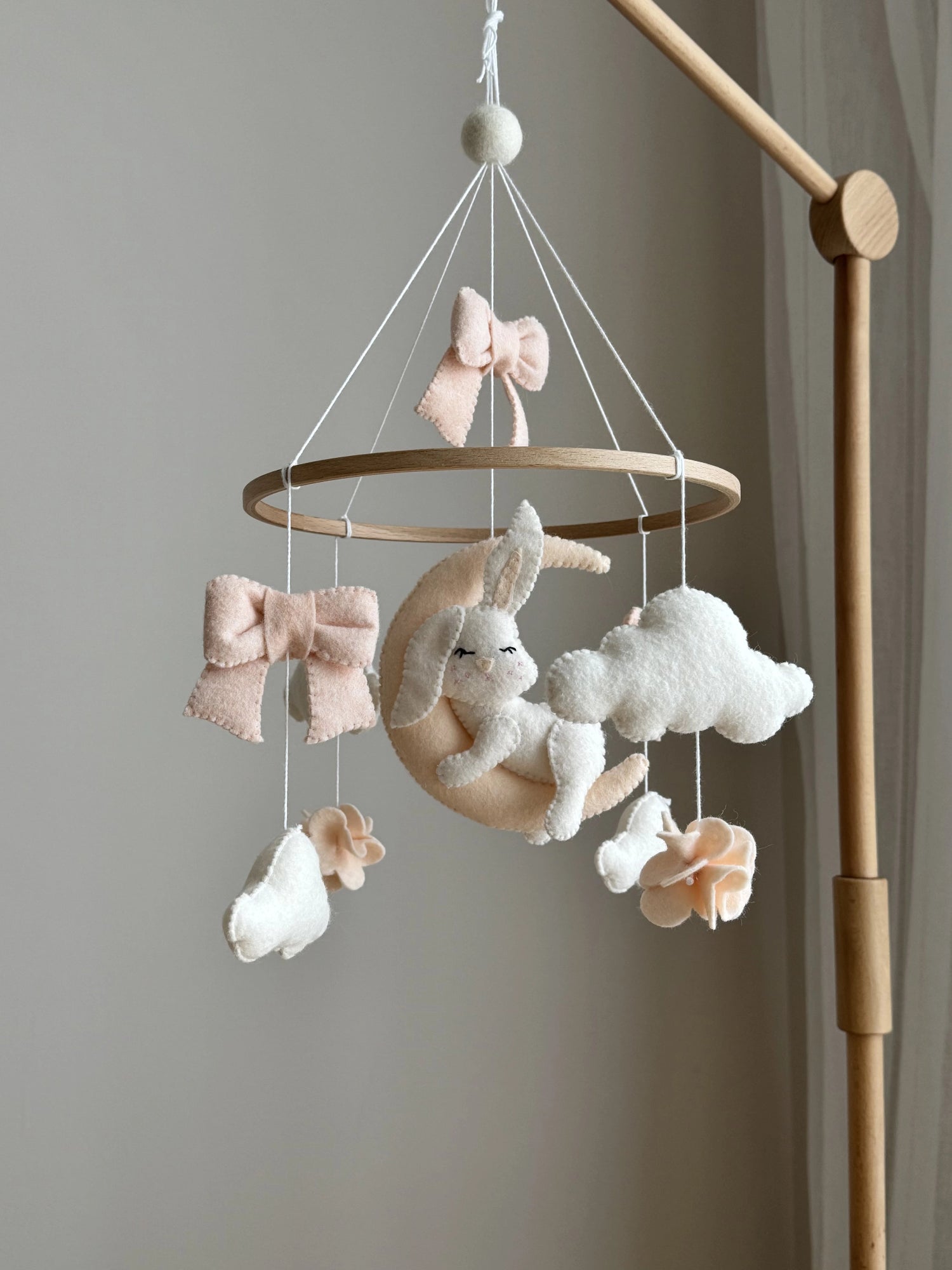 Sleeping Bunny Baby Mobile with Moon, Clouds & Bows, Neutral Baby Girl Nursery Decor, Neutral Crib Mobile thumbnail - 4