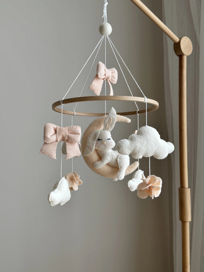 Sleeping Bunny Baby Mobile with Moon, Clouds & Bows, Neutral Baby Girl Nursery Decor, Neutral Crib Mobile - 4