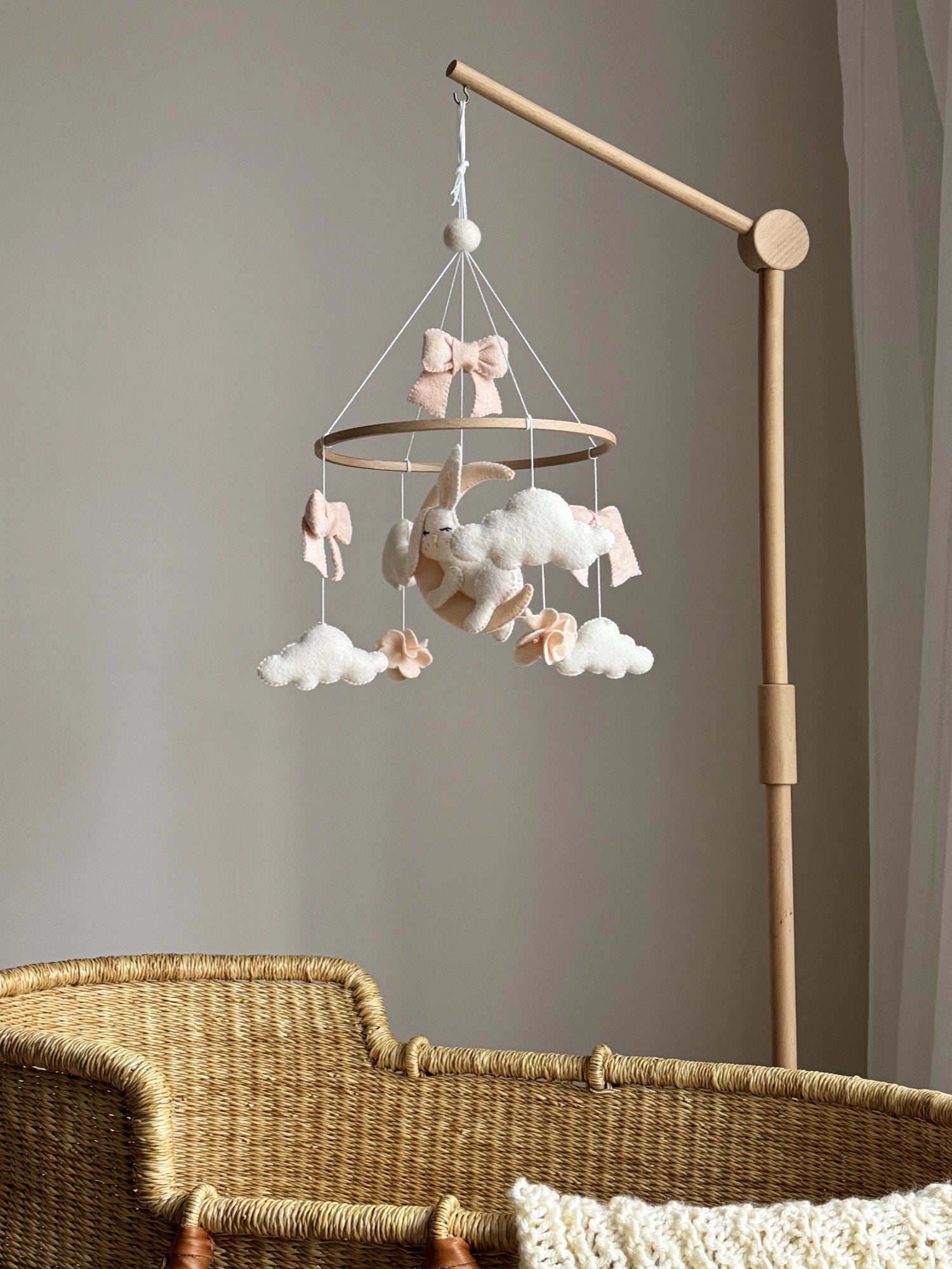 Sleeping Bunny Baby Mobile with Moon, Clouds & Bows, Neutral Baby Girl Nursery Decor, Neutral Crib Mobile thumbnail - 2