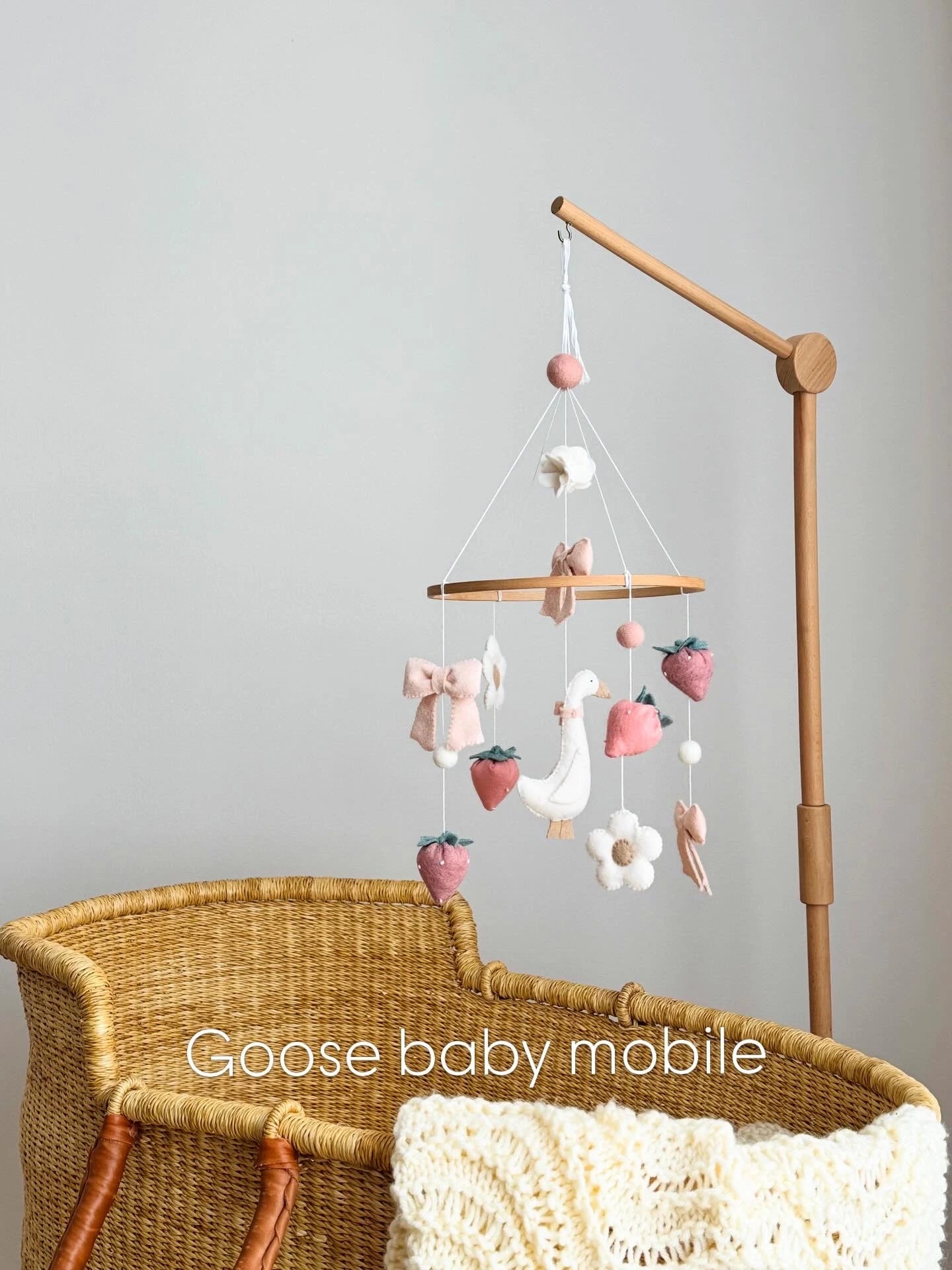 Goose Baby Mobile with Bow and Strawberries – Farmhouse Felt Nursery Decor thumbnail - 3