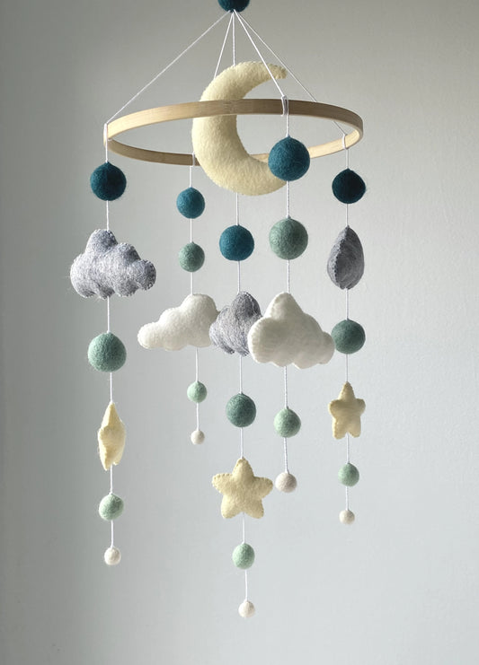 Cloud baby mobile with moon and Pom Pom - 1