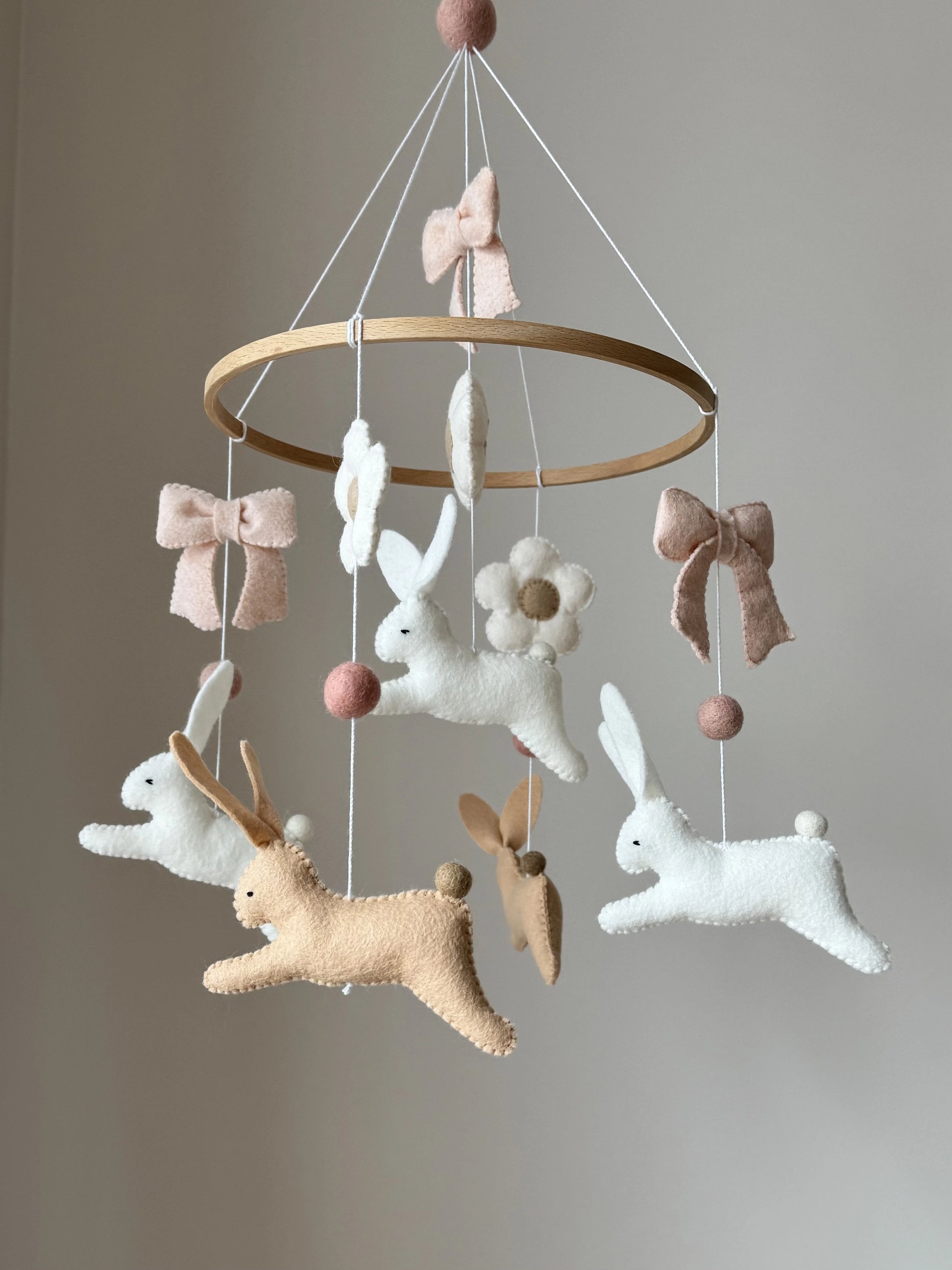 Bunny Baby Mobile with Bow - Neutral Felt Rabbit Crib Mobile for Nursery Decor thumbnail - 2
