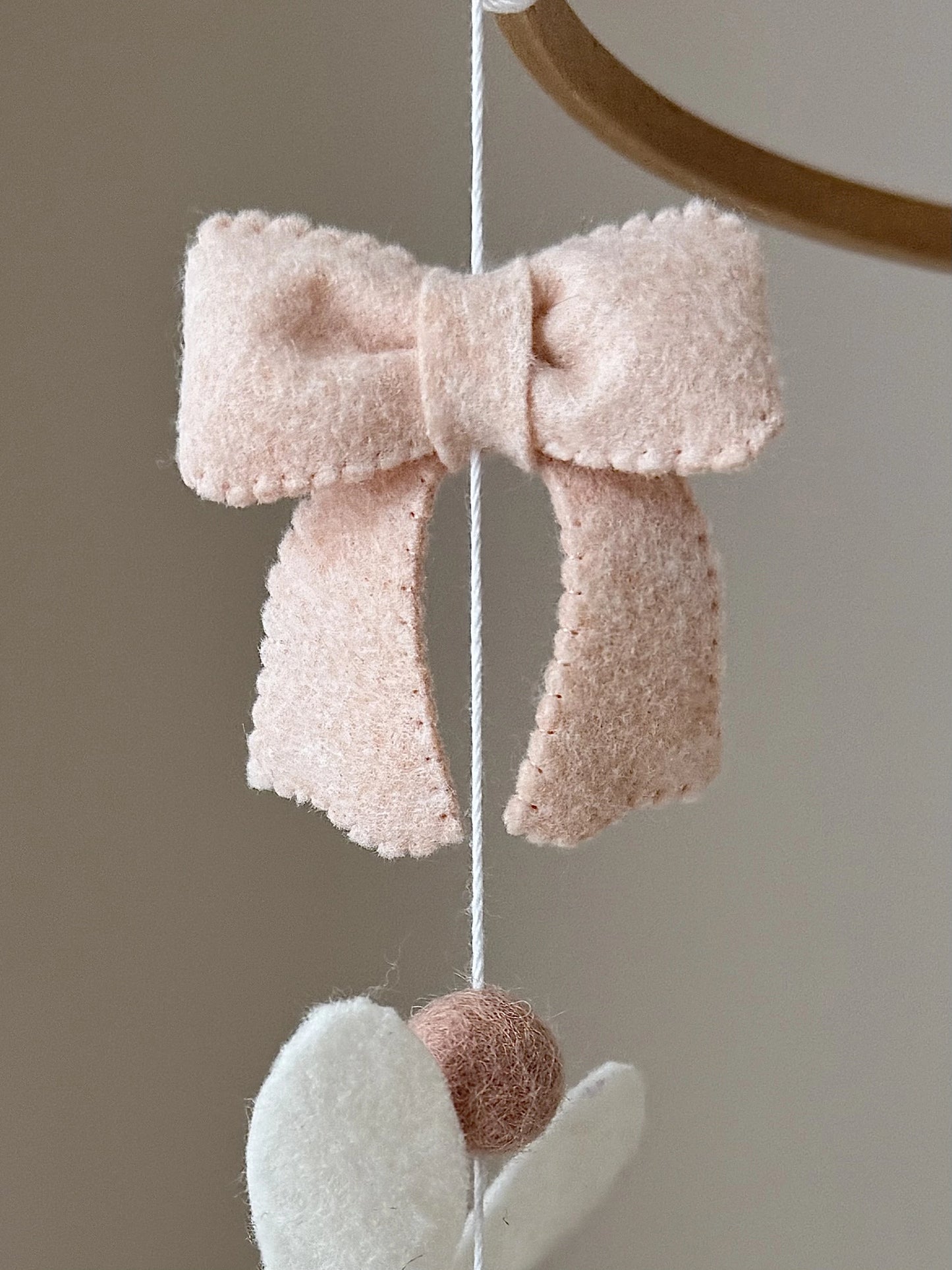 Bunny Baby Mobile with Bow - Neutral Felt Rabbit Crib Mobile for Nursery Decor