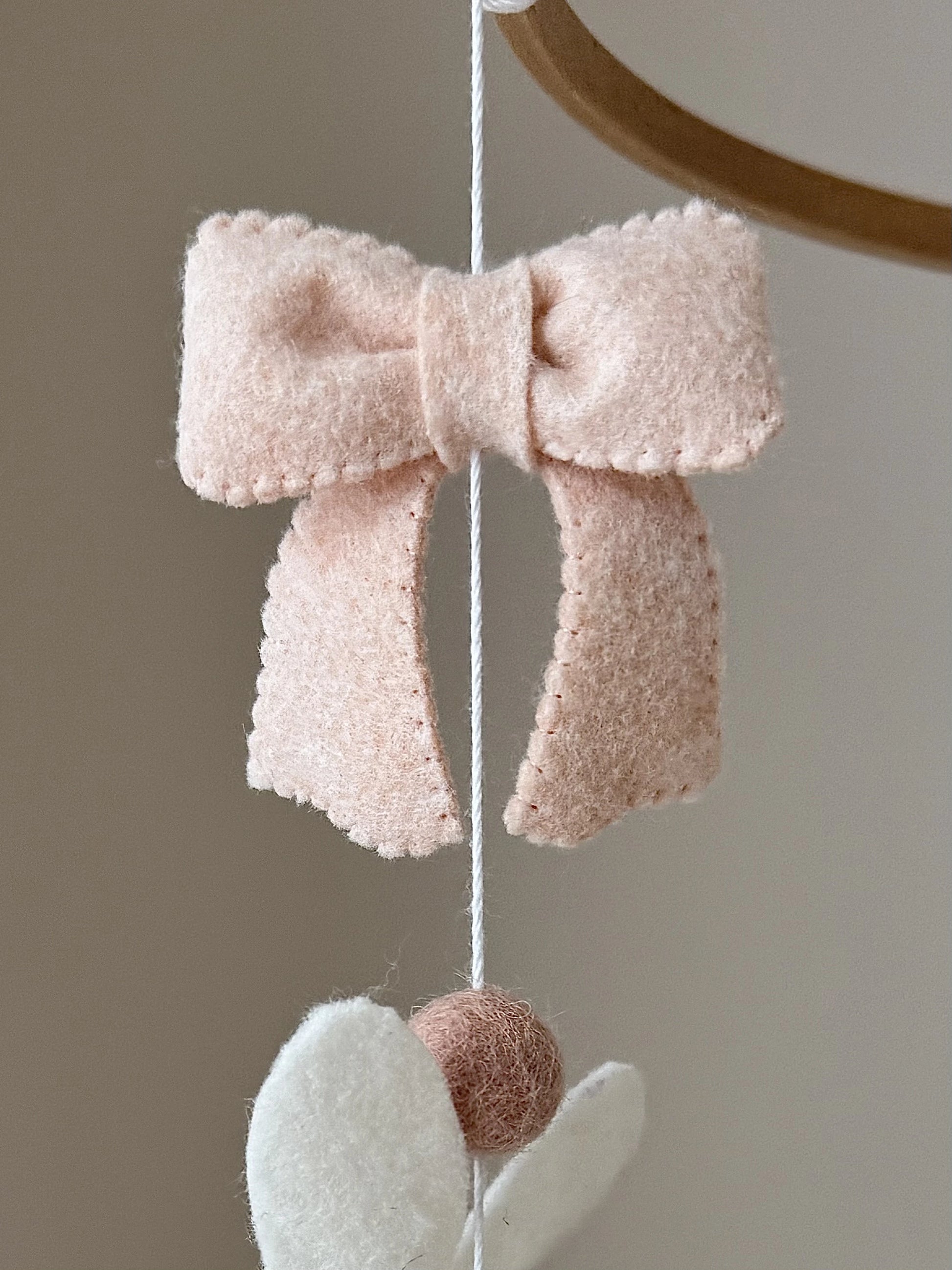 Bunny Baby Mobile with Bow - Neutral Felt Rabbit Crib Mobile for Nursery Decor thumbnail - 3