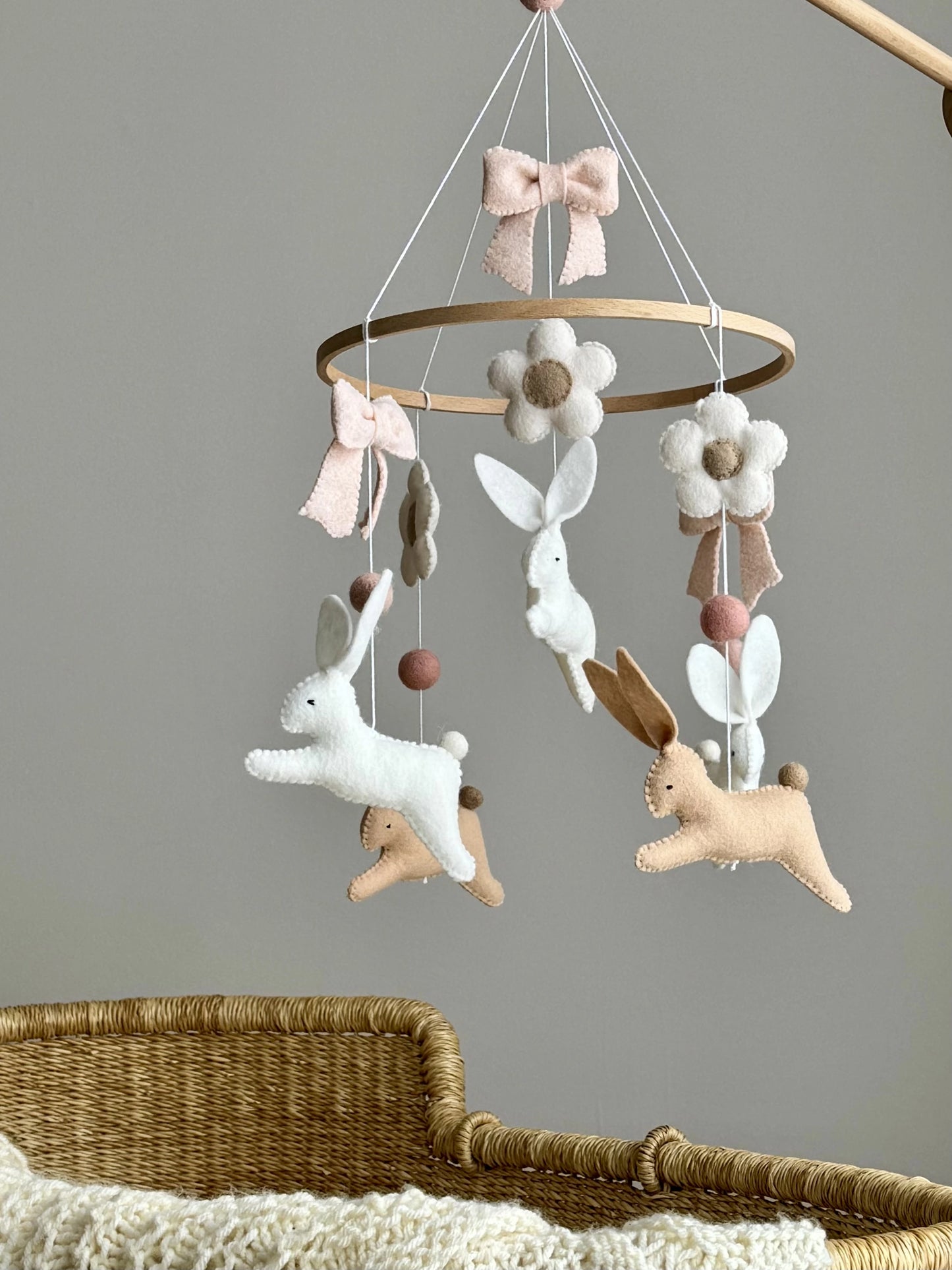 Bunny Baby Mobile with Bow - Neutral Felt Rabbit Crib Mobile for Nursery Decor