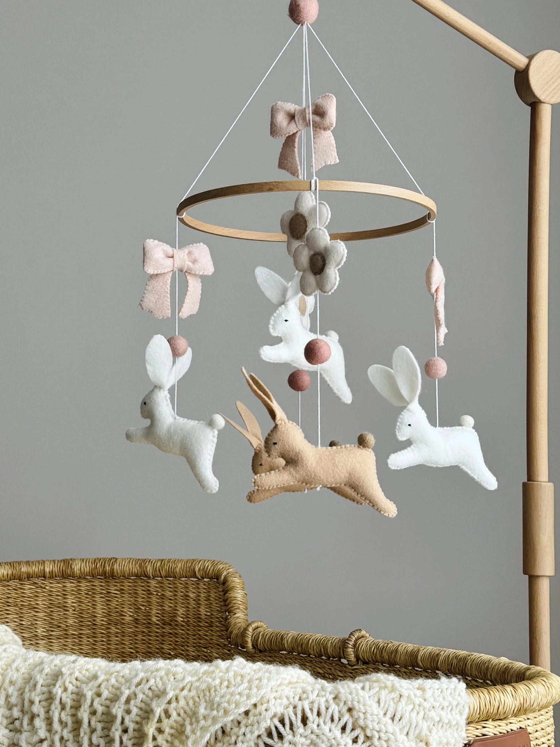 Bunny Baby Mobile with Bow - Neutral Felt Rabbit Crib Mobile for Nursery Decor thumbnail - 1