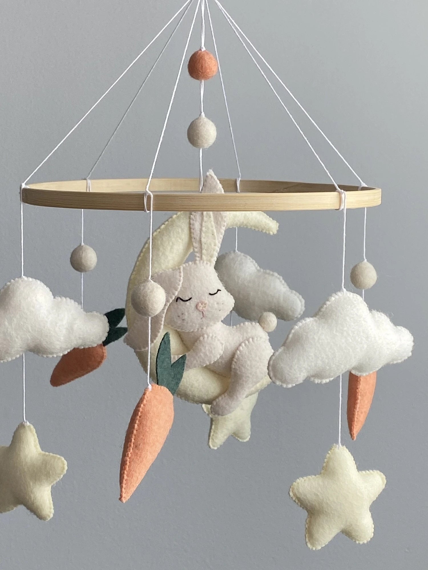 Sleeping bunny on the moon nursery mobile with carrots thumbnail - 1