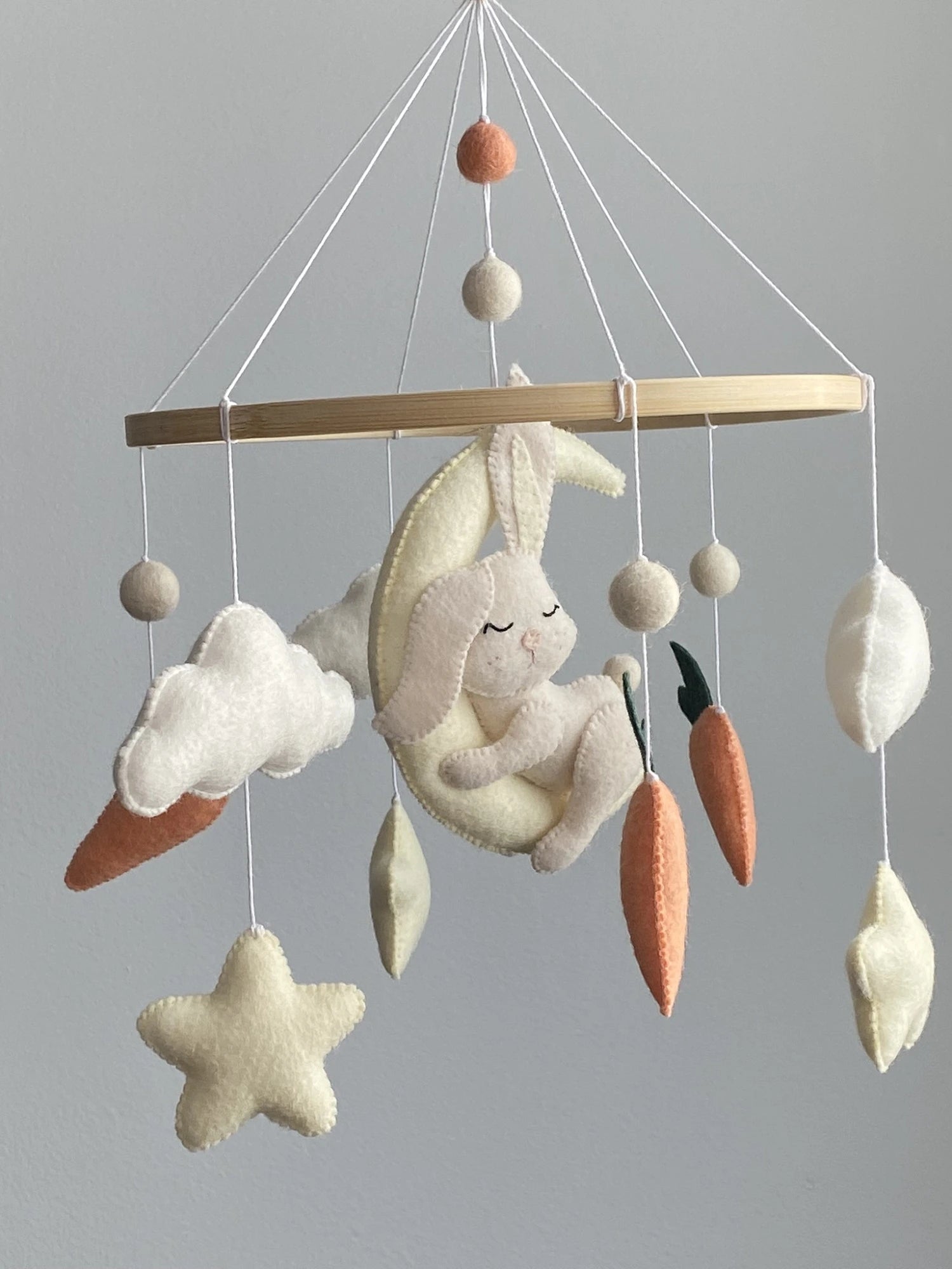 Sleeping bunny on the moon nursery mobile with carrots thumbnail - 4