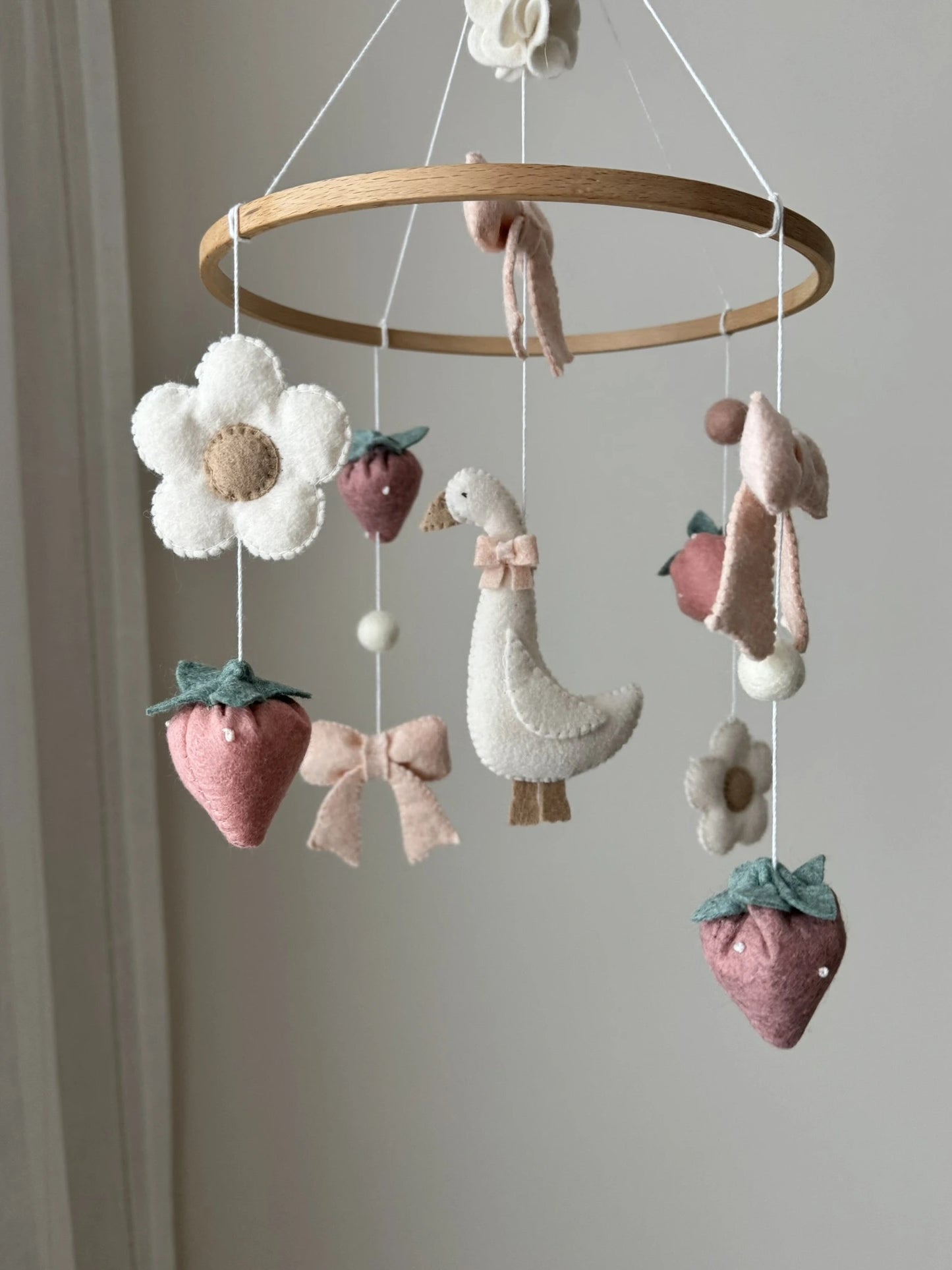 Goose Baby Mobile with Bow and Strawberries – Farmhouse Felt Nursery Decor