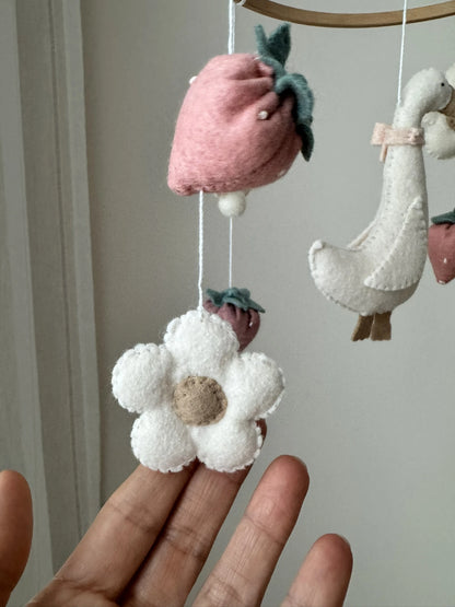 Goose Baby Mobile with Bow and Strawberries – Farmhouse Felt Nursery Decor - 4