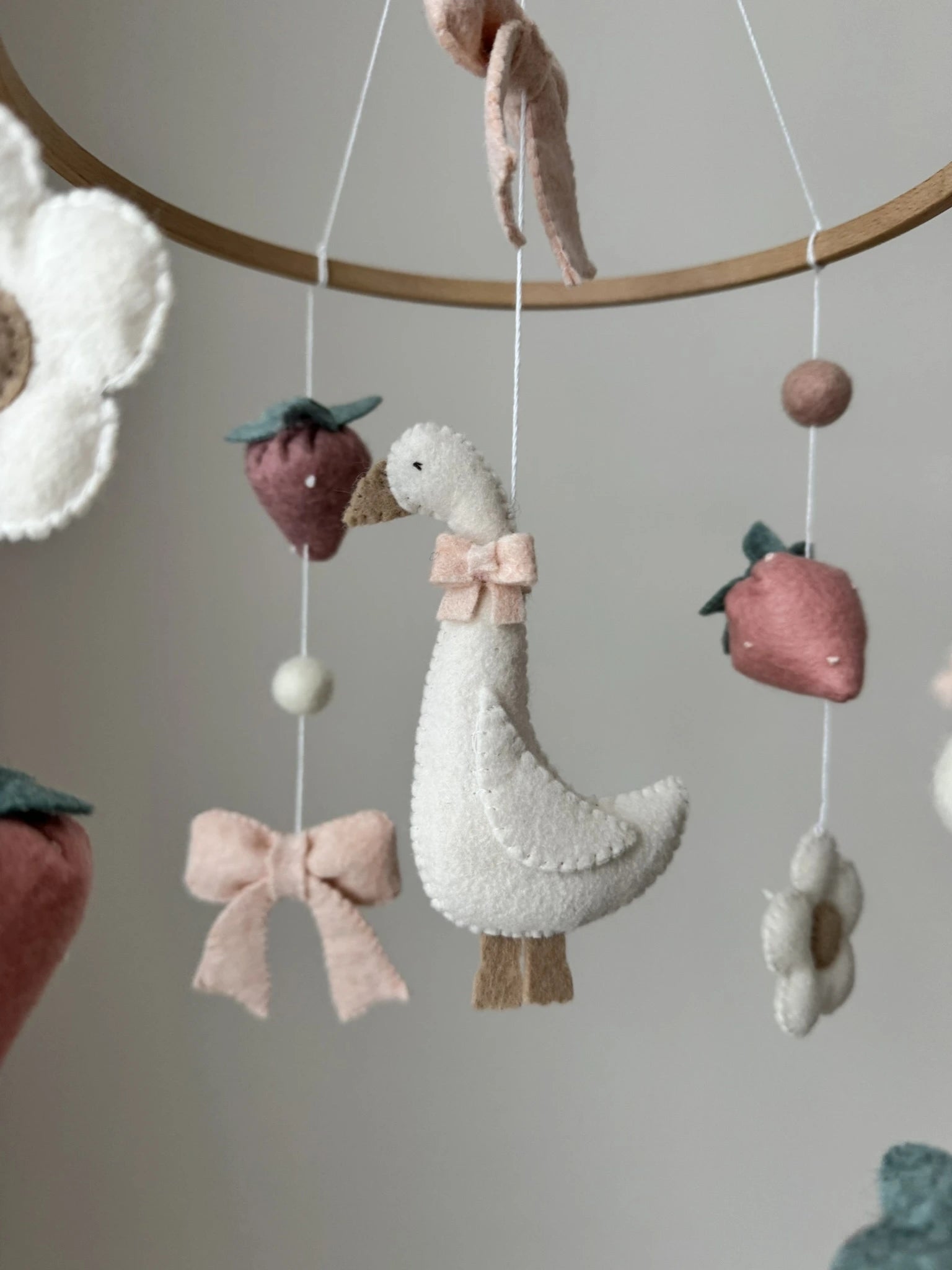 Goose Baby Mobile with Bow and Strawberries – Farmhouse Felt Nursery Decor thumbnail - 5