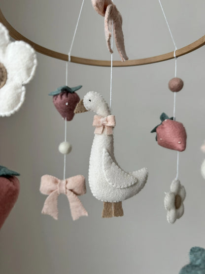 Goose Baby Mobile with Bow and Strawberries – Farmhouse Felt Nursery Decor - 5