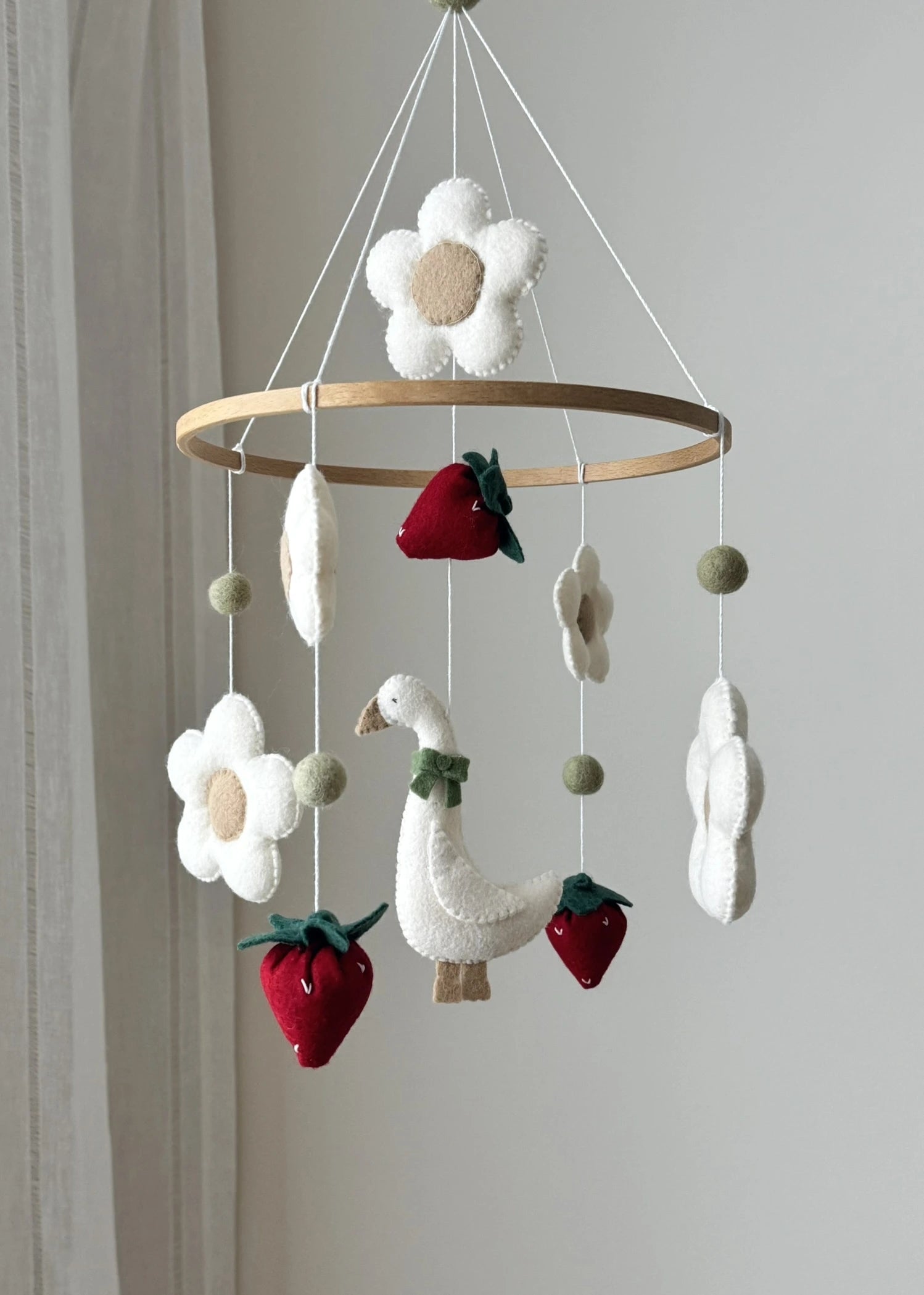 Goose Baby Mobile flower and strawberries – Farmhouse Felt Nursery Decor thumbnail - 1