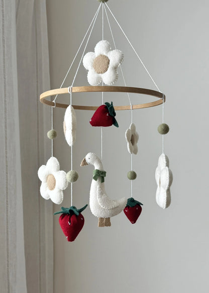 Goose Baby Mobile flower and strawberries – Farmhouse Felt Nursery Decor - 1