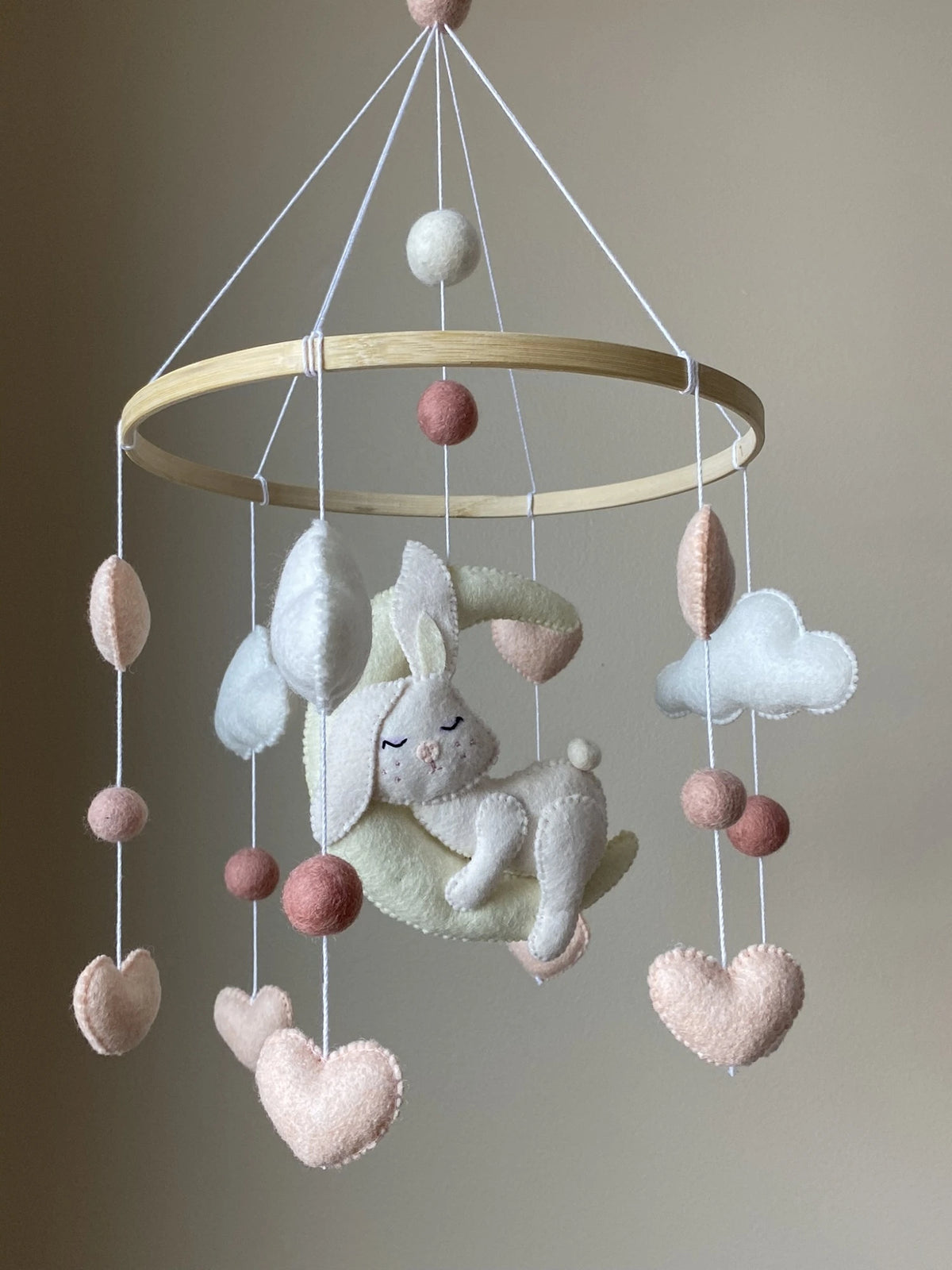 Sleeping bunny baby mobile with moon and stars for neutral nursery