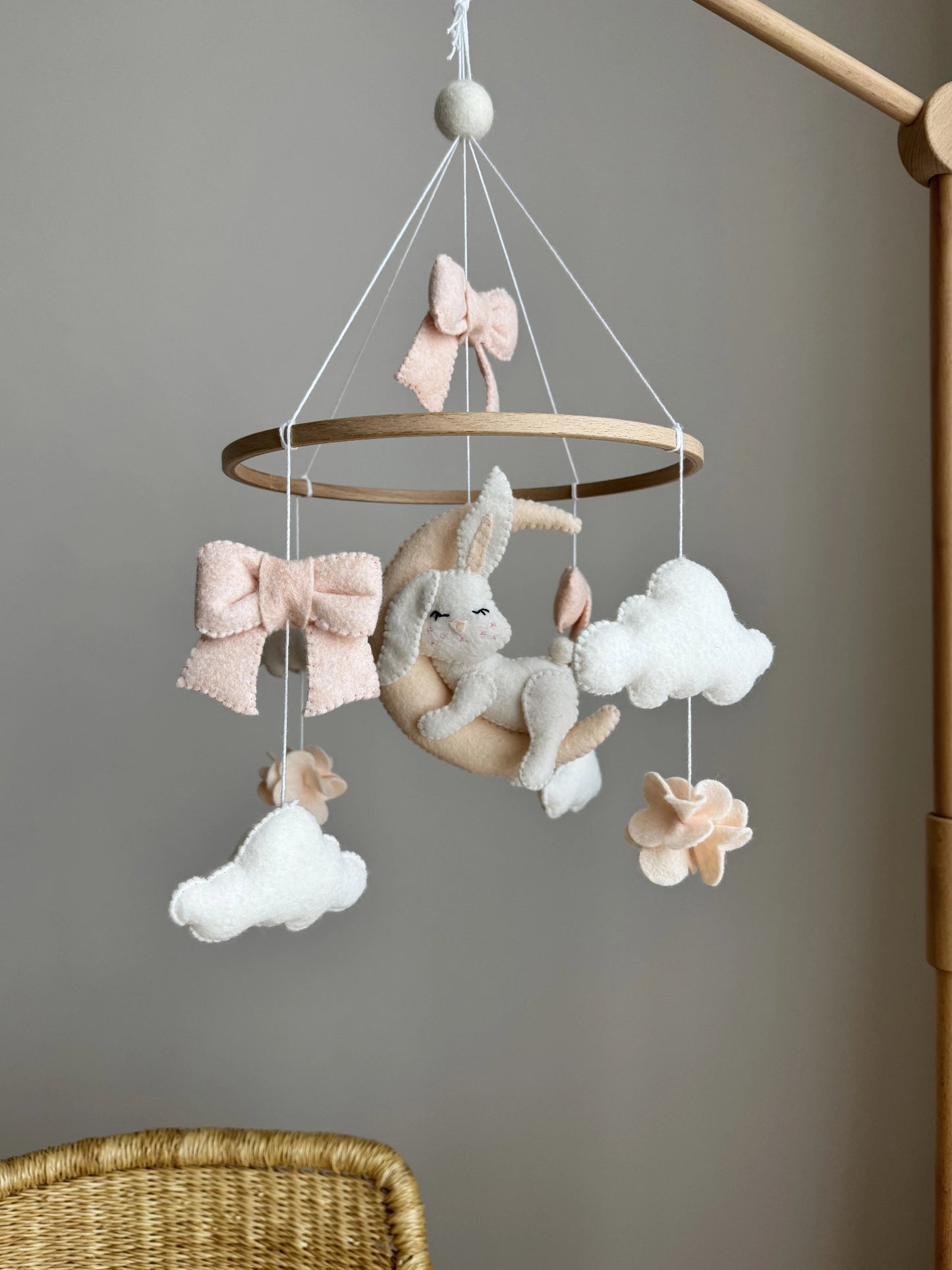 Handmade felt bunny moon crib mobile for boho nursery decor