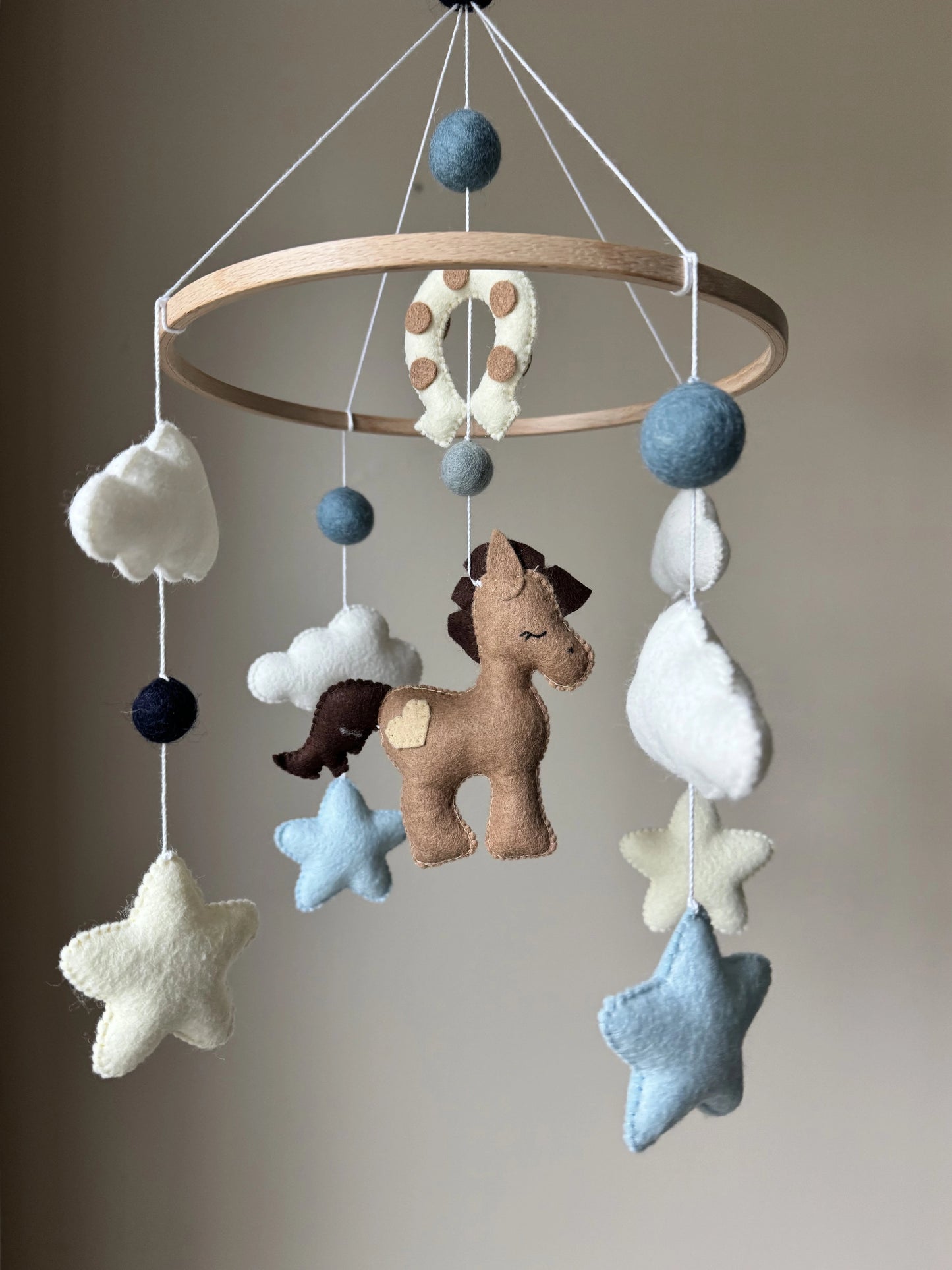 handmade horse baby mobile for boy nursery with clouds and stars
