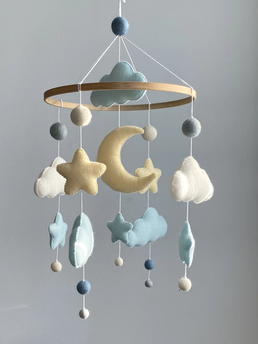 Cloud and Moon Baby Mobile – Handmade Felt Crib Mobile for Neutral Nursery - 1