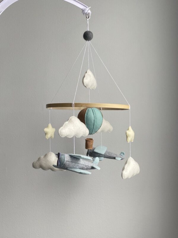 Airplane nursery mobile with white clouds, stars, Hot Air Balloon