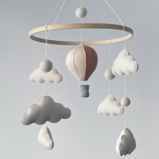 Baby mobile with clouds and hot air balloon