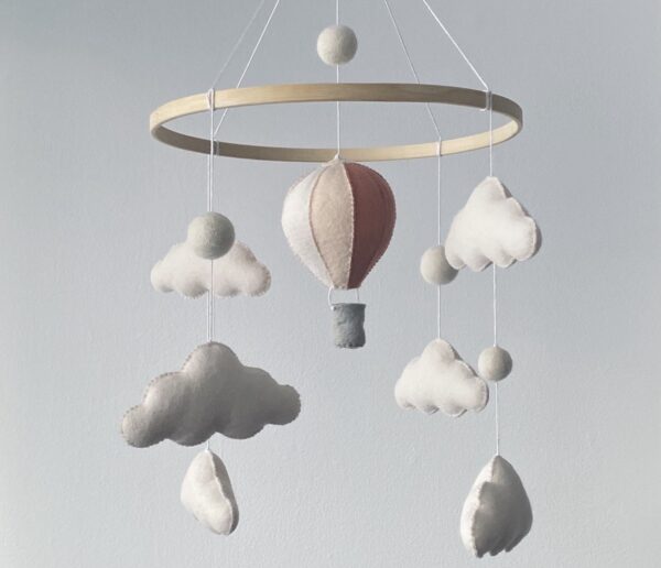 Baby mobile with clouds and hot air balloon