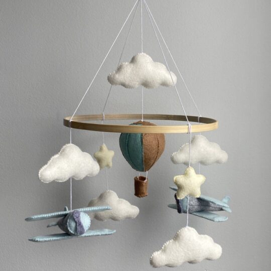 Airplane nursery mobile with white clouds, stars, Hot Air Balloon