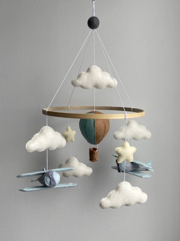 Airplane nursery mobile with white clouds, stars, Hot Air Balloon