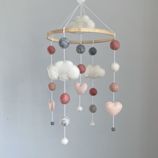 Pom Pom mobile with hearts and clouds