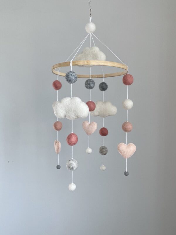 Pom Pom mobile with hearts and clouds