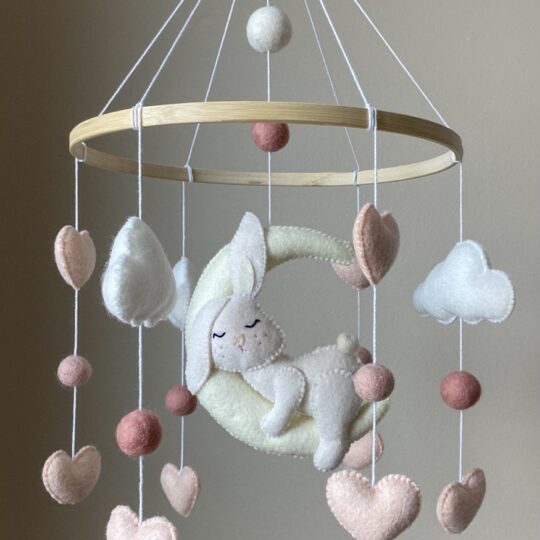 bunny on the moon baby mobile with heart