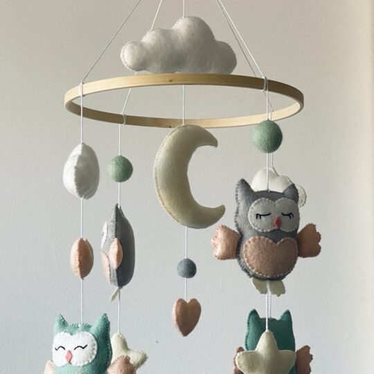 Baby mobile with owls, clouds, star and moon