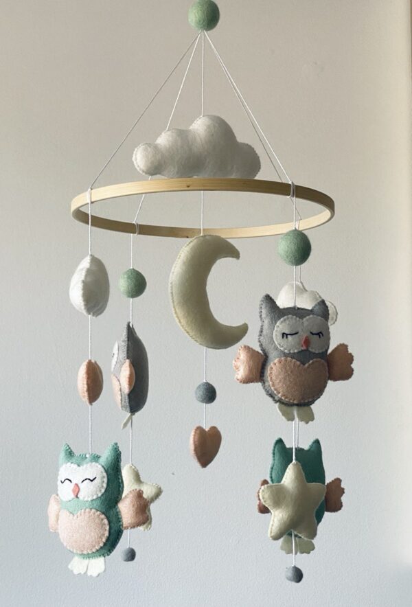 Baby mobile with owls, clouds, star and moon