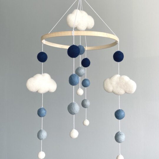 cute mobile with felt wool balls and clouds