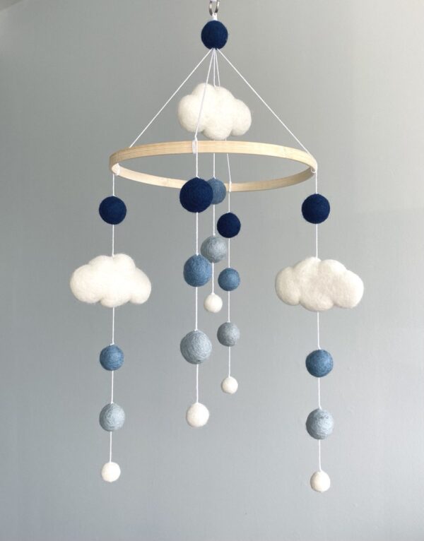 cute mobile with felt wool balls and clouds