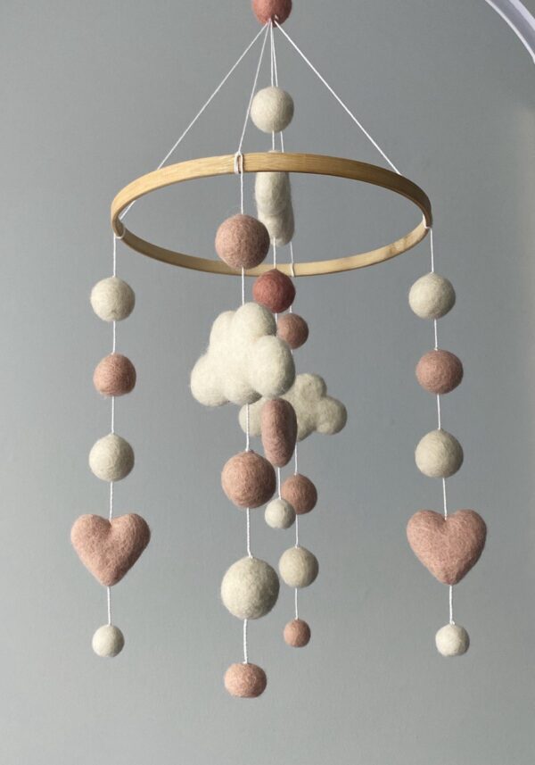 Cute felt balls mobile with hearts and clouds - Image 2